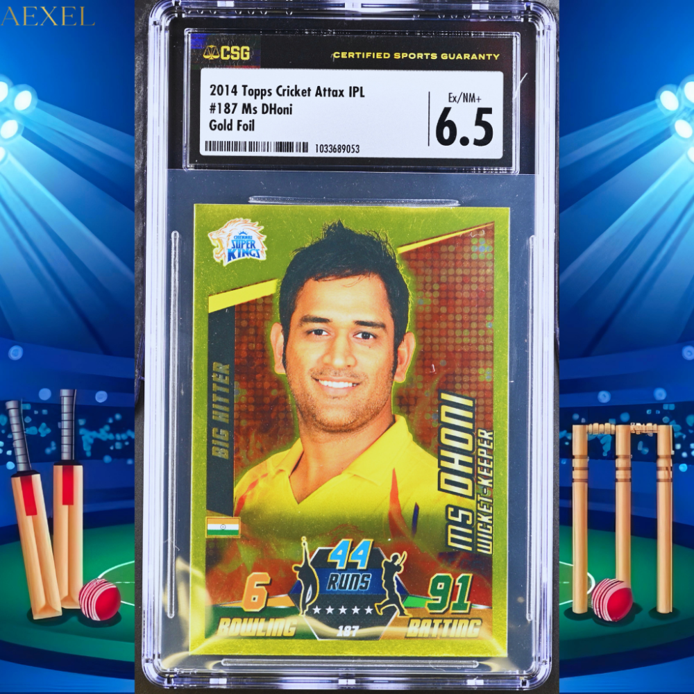 MS DHONI 2014 Topps Cricket Attax IPL CSK Gold Foil Card CGC Graded 6.5 Card # 187