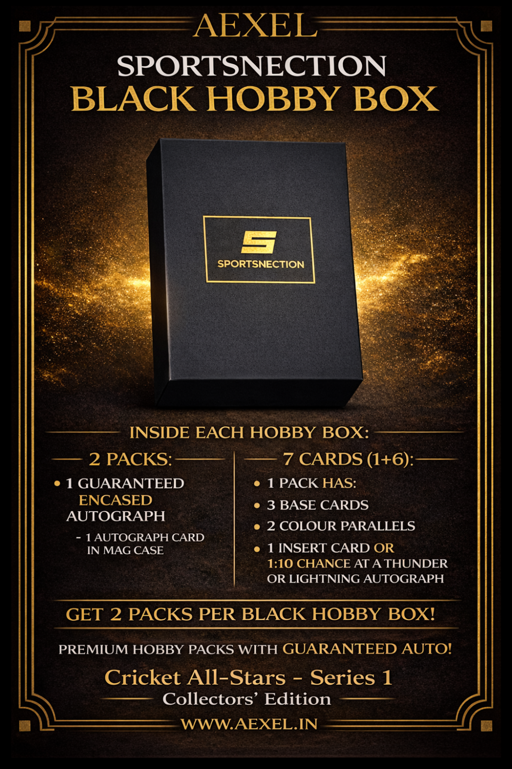 Sportsnection All Stars of Cricket: Series 1 Black Hobby Box Collectors Edition | 7 Cards with 1 Guaranteed Auto
