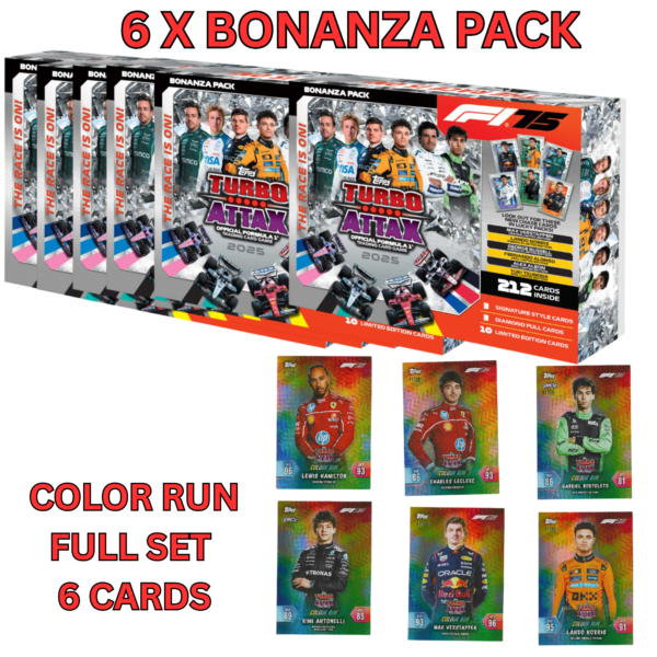Topps F1 Turbo Attax 2025 Color run Cards Combo - 6 Bonanza Pack + 6 Color Run cards set Numbered to 99