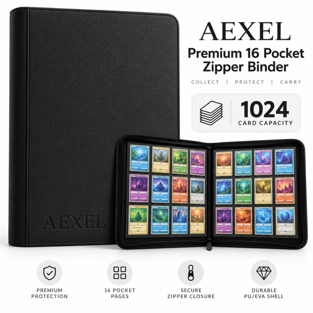 Aexel Premium 16 Pocket Zipper Card Binder – 1024 Card Storage Capacity, 4x4 Side-Loading Trading Card Album for Pokémon, Sports, TCG & Collectible Cards – Black