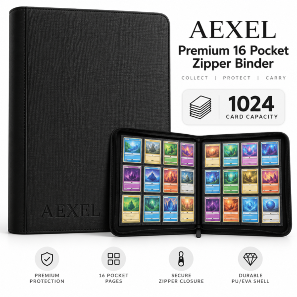 Aexel Premium 16 Pocket Zipper Card Binder – 1024 Card Storage Capacity, 4x4 Side-Loading Trading Card Album for Pokémon, Sports, TCG & Collectible Cards – Black