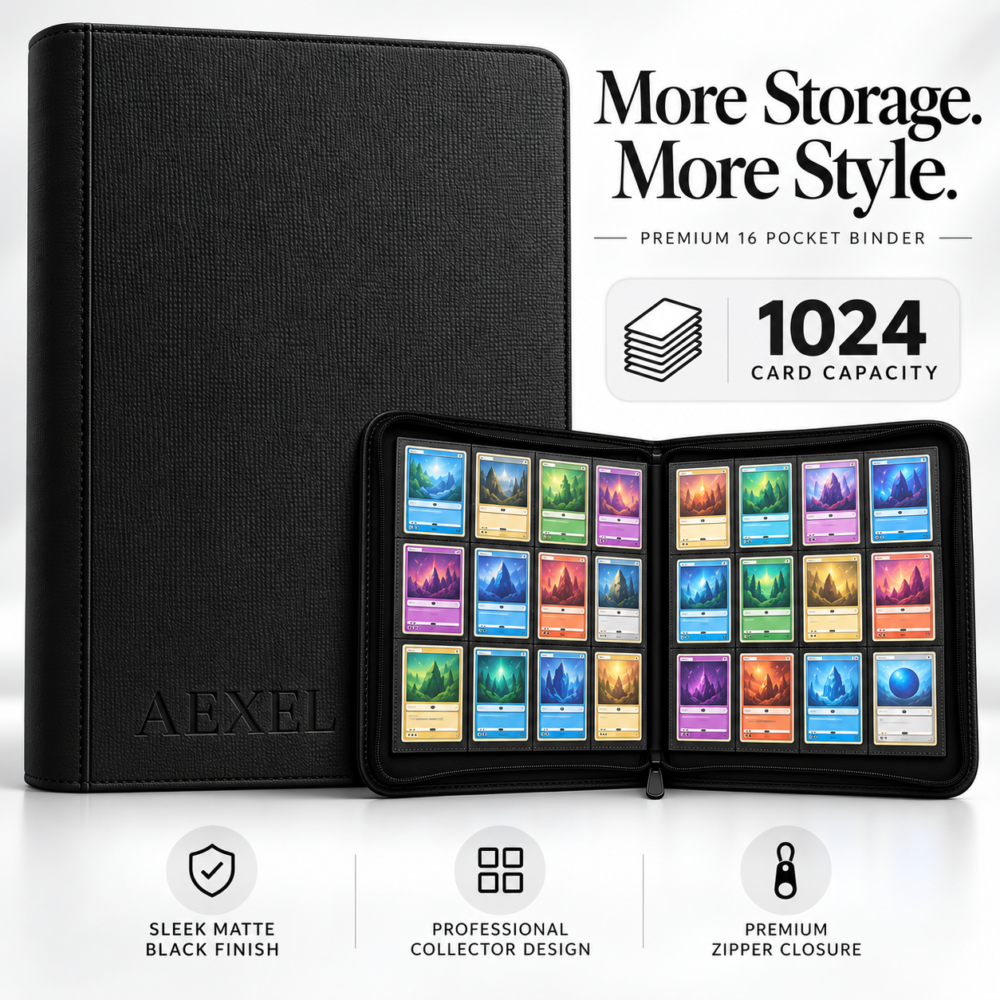 Aexel Premium 16 Pocket Zipper Card Binder – 1024 Card Storage Capacity, 4x4 Side-Loading Trading Card Album for Pokémon, Sports, TCG & Collectible Cards – Black